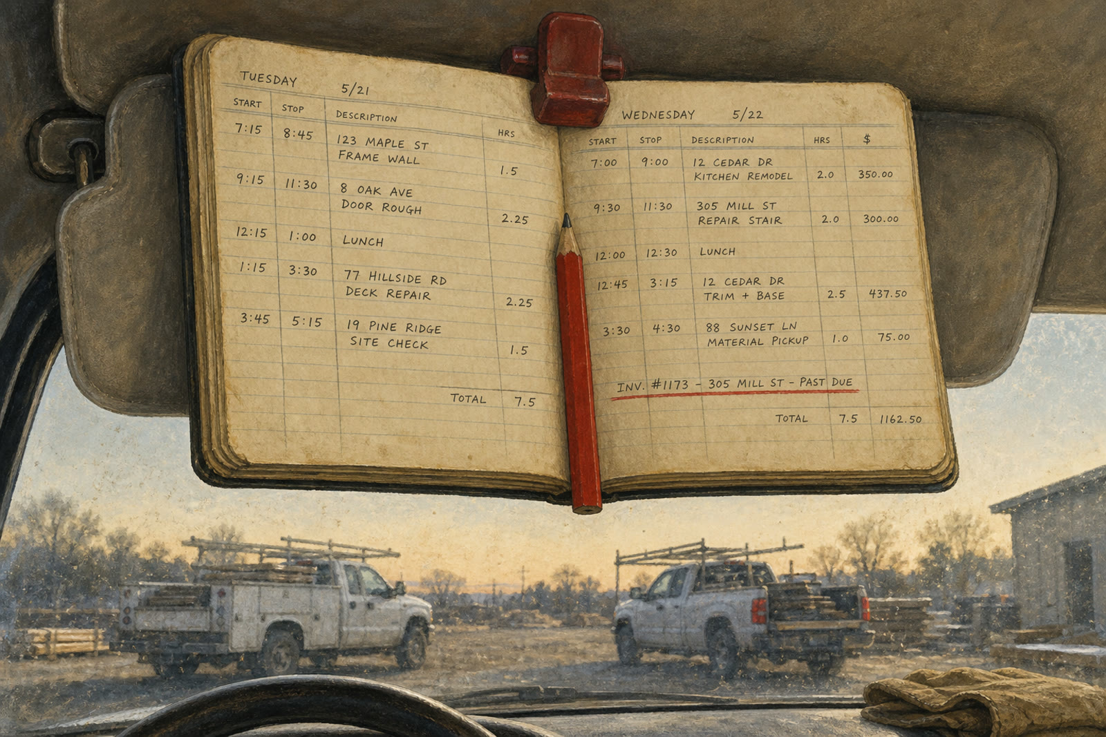 Open daybook clipped to a truck visor, red pencil in the gutter, two work trucks in the lot.